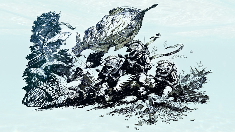 1080P, jules verne divers women digital art illustration 20000 leagues under the sea underwater sea drawing fish octopus treasure submarine shark white
