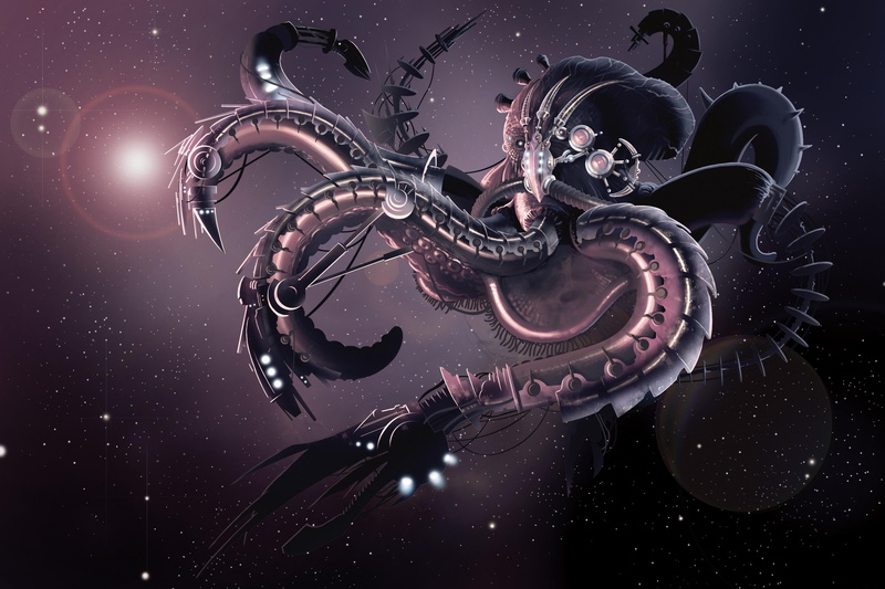 space, studio shot, night, stars, tentacles, invertebrate, computer Graphic, octopus, movie, nature, water, illustration, art, glowing, design, indoors