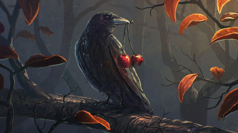 fish, crow, animal themes, leaf, 1080P, reflection, fauna, animal wildlife, vertebrate, no people, painting, day, raven, animals in the wild, water, animal