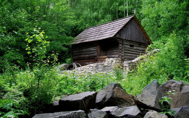 solid, day, landscape, land, house, wooden, built structure, no people, plant, mill, cabin, trees, building exterior, architecture, growth, gray, wood - material