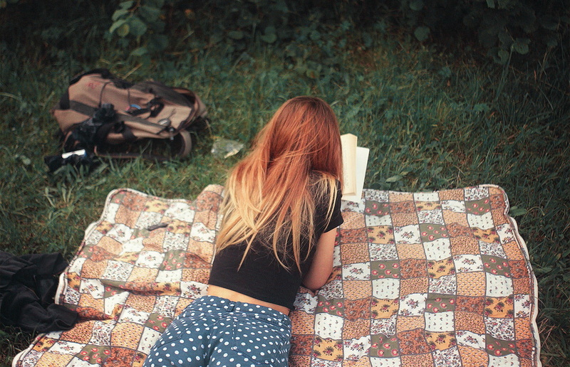 nature, lying on front, polka dots, long hair, women outdoors, young women, books, grass, hairstyle, lifestyles, outdoors, redhead, reading, beautiful woman