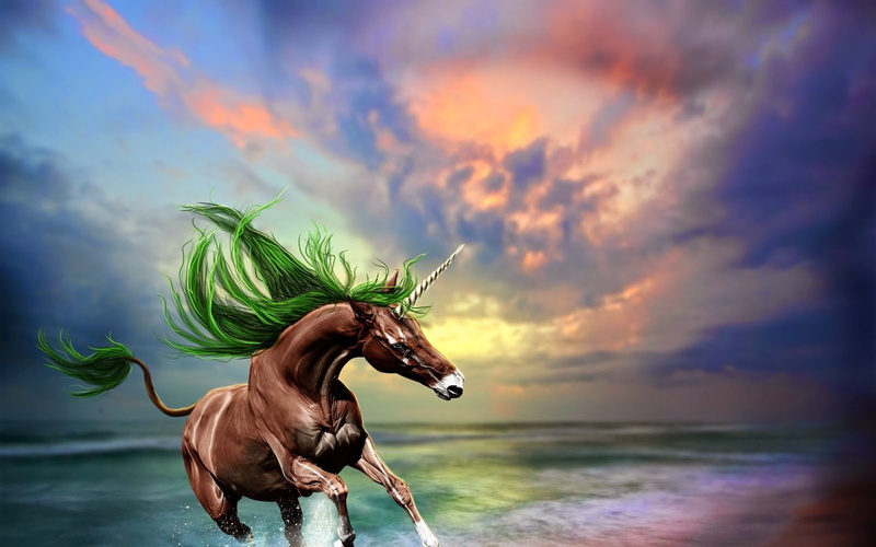 green, beach, brown, sea, illustration, horse, unicorn, unicorns, 720P, fantasy