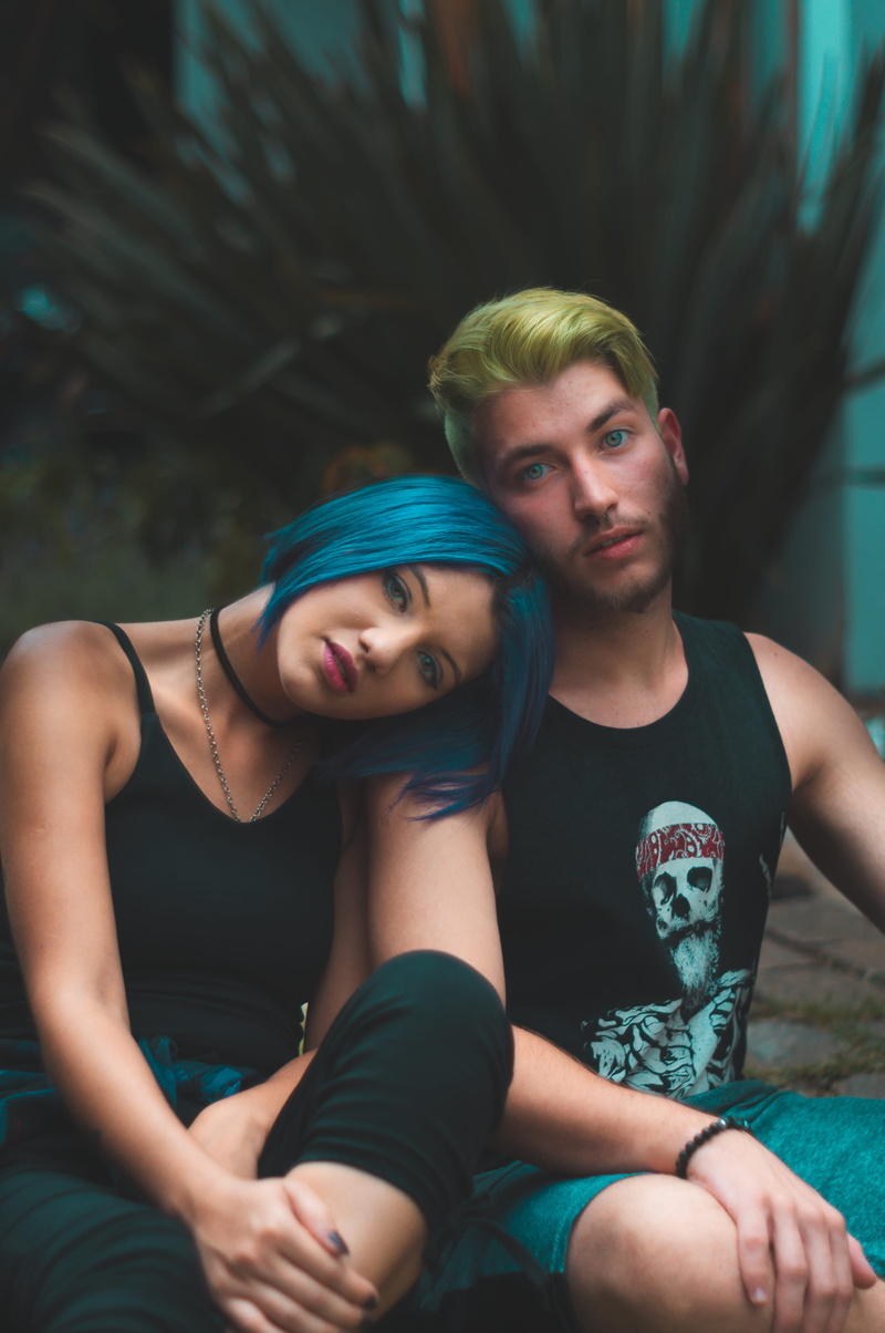head, outfit, lips, young, casual clothing, blue hair, colors, photoshoot, beautiful, women, daylight, adult, youth, daytime, hands, outerwear, portrait