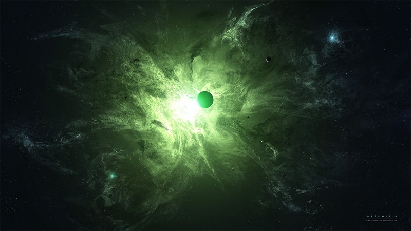 space, digital art, black, planet, 1080P, nebula, space art, digital, green