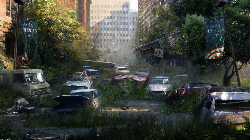 city, car, architecture, day, road, mode of transportation, street, transportation, motor vehicle, still, The Last of Us, plant, tree, place, movie, no people
