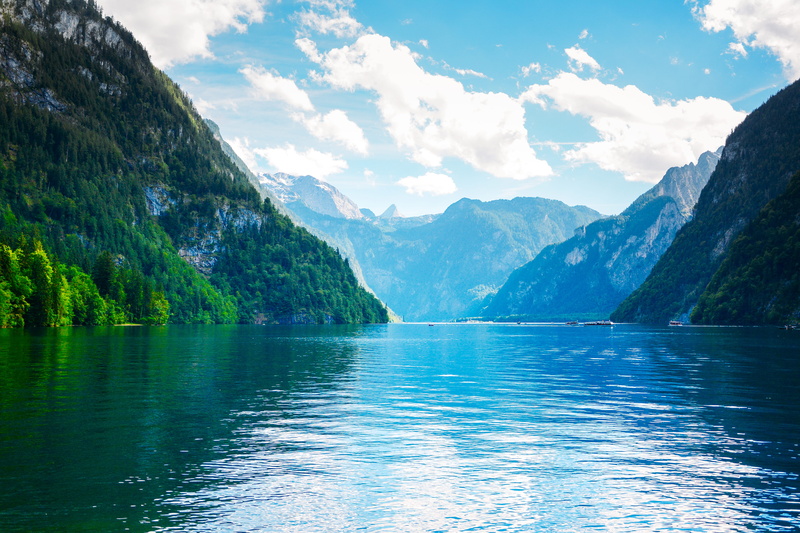 mountain, outdoors, day, waterfront, tranquil scene, cloud - sky, remote, plant, germany, non-urban scene, schönau am königssee, beauty in nature, water