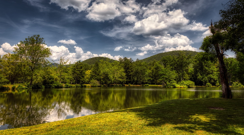 scenics - nature, reflections, hills, rural, north carolina, no people, beauty in nature, tranquil scene, water, clouds, idyllic, coniferous tree, reflection