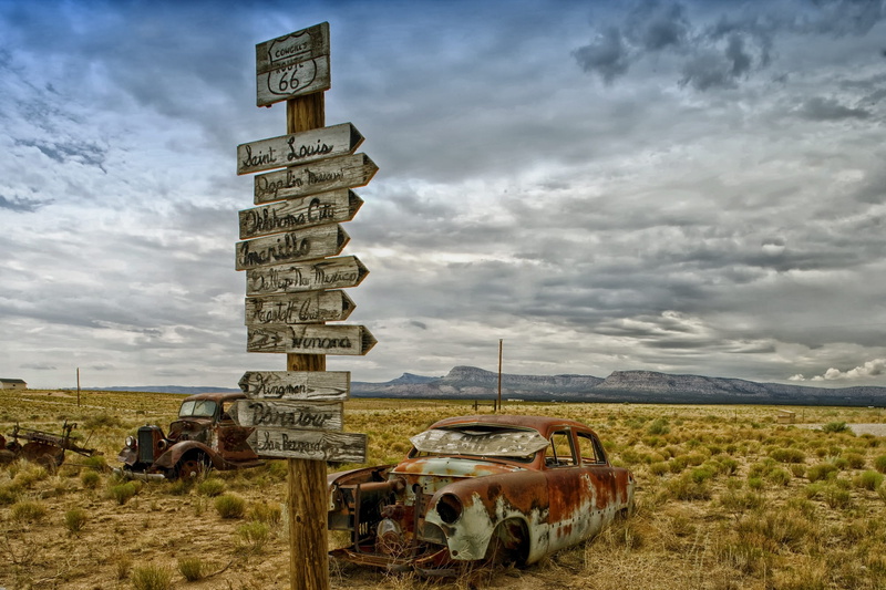 1080P, architecture, environment, outside, wooden, desert, autos, signages, heap, route 66, clouds, communication, signs, beauty in nature, car, grass