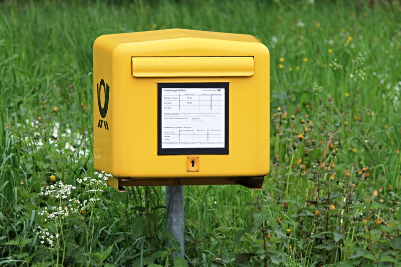 letter boxes, yellow, post horn, no people, field, text, 4K, mail, flap, plant, growth, land, throw a, postage promotion, outdoors, grass, post, germany