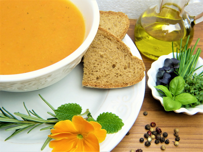 carrot soup, indoors, detoxify, vegetable, frisch, oil, cook, food, still life, herbs, gluten, flower, immune system, beside, orange, detox, food and drink