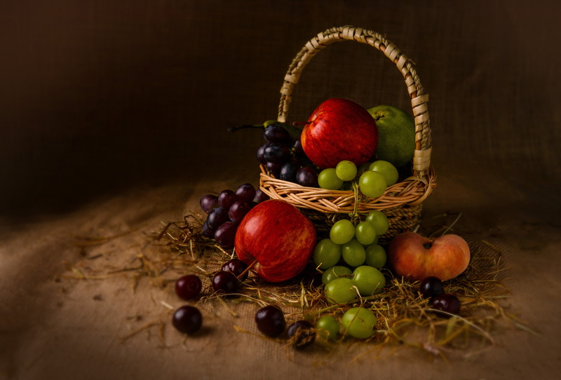 Apple, Still Life, Fruit, Basket, Food, 5K, Grapes