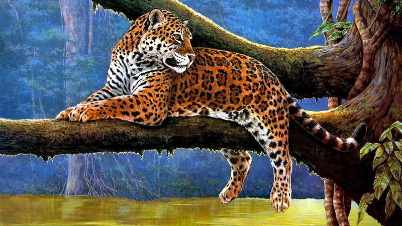 painting, branch, 4K, jaguar, wildlife, tree, big cat