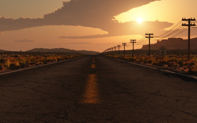 1080P, sky, sunlight, transportation, orange color, no people, landscape, sunset, connection, tranquility, cloud - sky, vanishing point, nature, mountain
