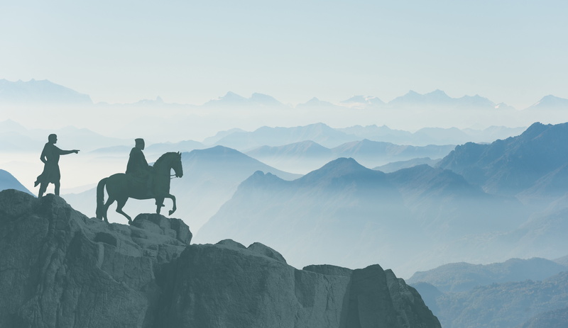 mountain, blue, mountains, people, mountain range, conquer, dawn, landscape, outdoors, about, history, sky, animal wildlife, horse, silhouette, one animal