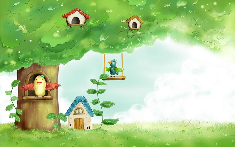 brown, 1080P, two, red, birds, cute, animated, beige, swing, birdhouses, bird, artsy, blue, plants, white, summer, yellow, green, spring, tree