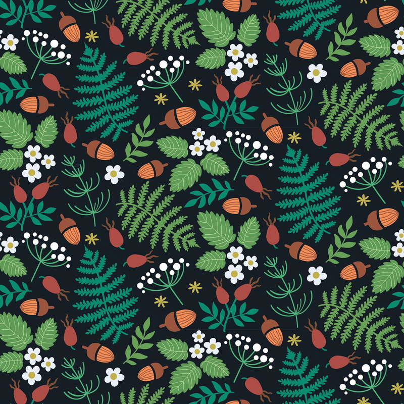 pattern, motif, acorns, strawberries, leaves, forest, 2K, berries