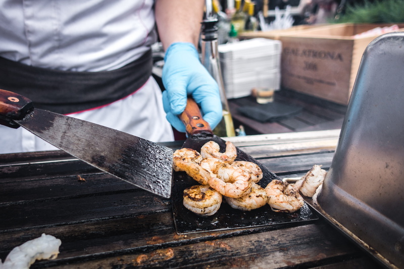 hand, outside, human Hand, day, working, one person, heat - Temperature, hands, people, outdoors, barbeque, street food, cooking, 4K, Chef, meat, real people