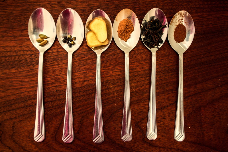 chai, indoors, ingredients, eating utensil, household equipment, spices, black, table, steel, herbs, healthy, studio shot, variation, kitchen utensil, no people