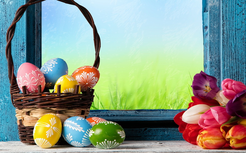 Tulips, Basket, Eggs, 2K, Flowers, Happy, Easter, Colorful