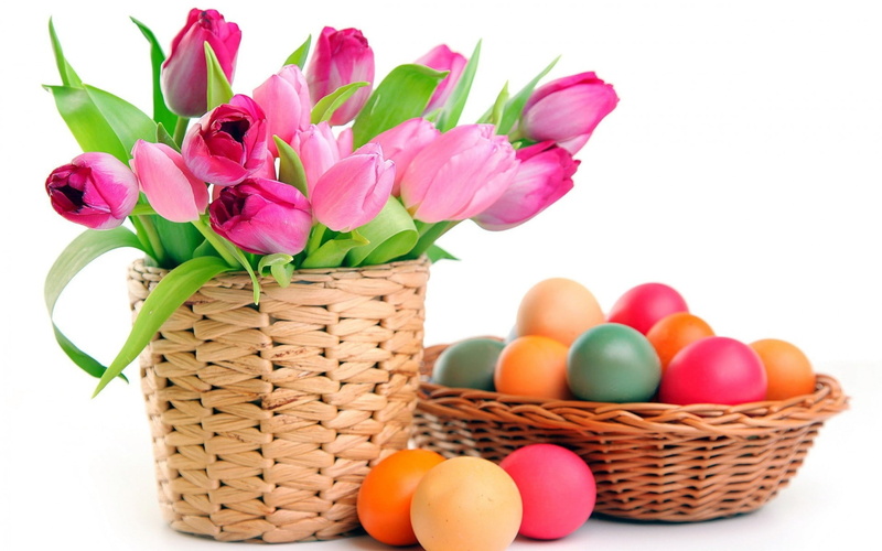 basket, brown, 1080P, eggs, woven, color, colourful, easter, egg, easter eggs, assorted, flowers, easter 2014, pink, 2014 easter