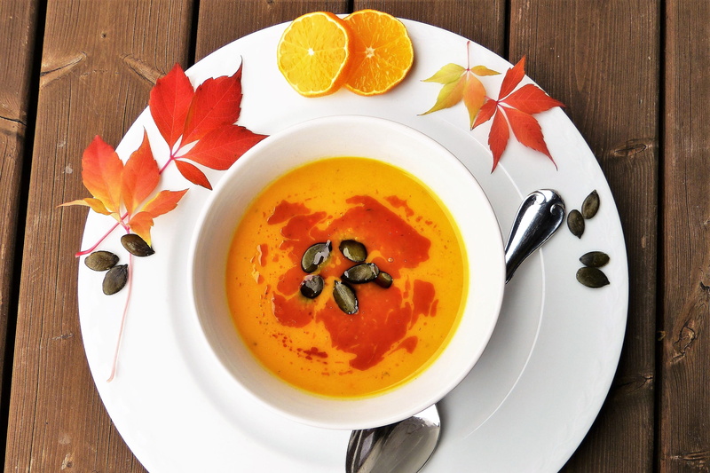 soup, crockery, temptation, yellow, no people, 2K, directly above, shot, fall, dinner, healthy Eating, orange Color, table, meal, healthy, wellbeing, serving size