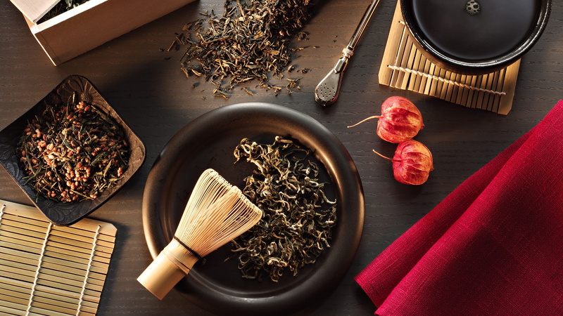 hot drink, tea leaves, plant, drink, still life, table, freshness, teapot, round, container, no people, black, tea - hot drink, red, high angle view, directly above