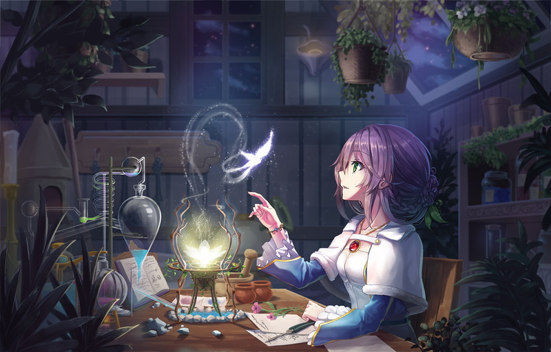 plants, vases, necklace, fantasy art, VIKPIE, green eyes, illustration, alchemy, portrait, anime, dress, women, 2D, profile, artwork, 1080P, laboratories