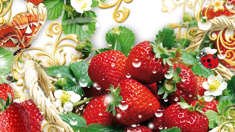 healthy, summer, 1080P, strawberry, colorful, fever, sweet, ladybug, bright, berries, fruit, blossoms, basket, food