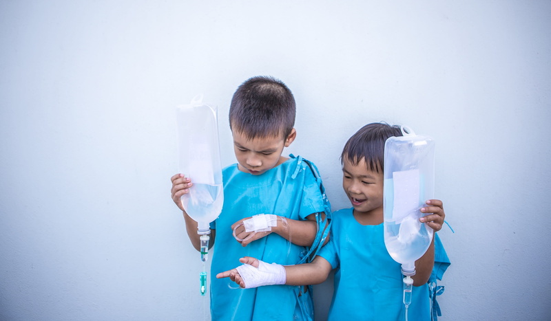 happy, his son, healthcare and medicine, bed, antibiotics, gown, 4K, two people, front view, care, women, the bacteria, thailand, people, men, blue, adult
