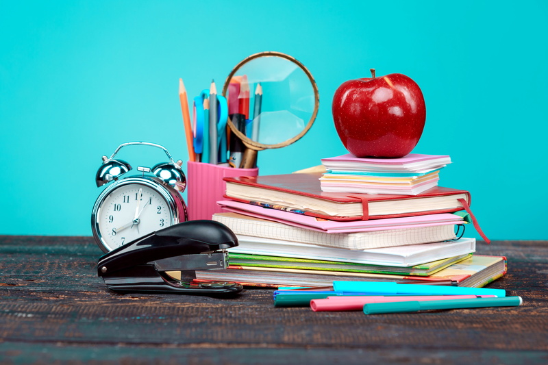 back to school, pencils, school supplies, stack, alarm clock, notebook, fruit, document, publication, time, education, learning, apple - fruit, stapler