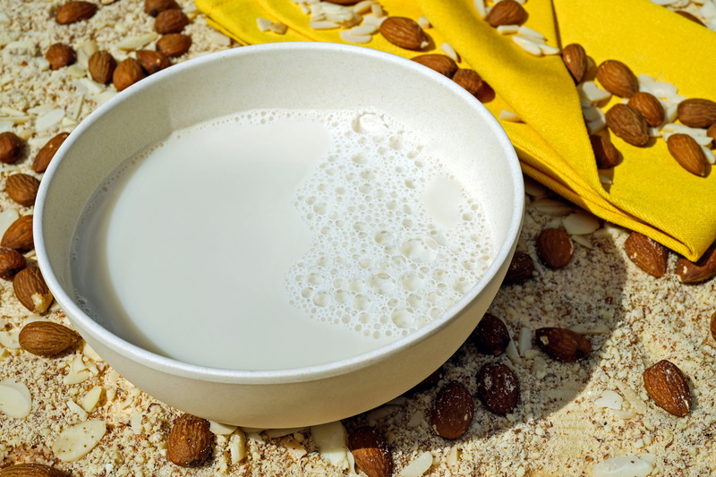 food and drink, freshness, 4K, milk, studio shot, mixing, healthy, mild, low-calorie, healthy eating, vegetarian, directly above, white, dairy product