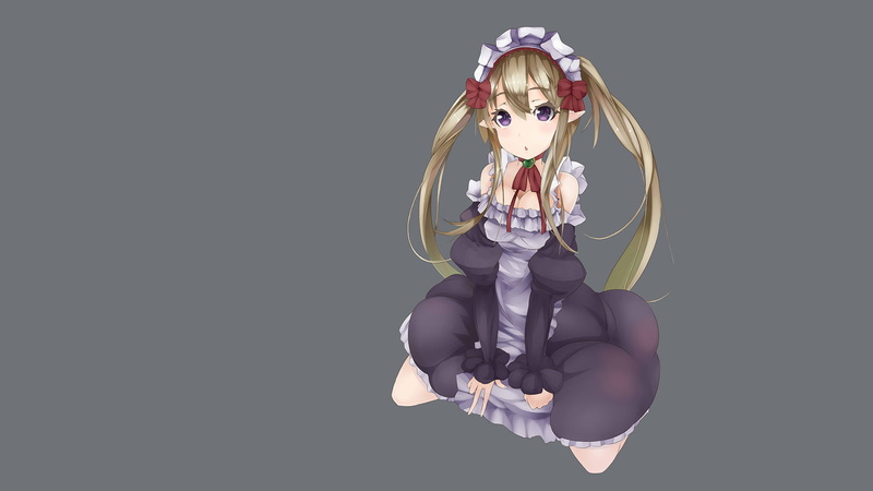elves, copy space, hair, black background, females, sitting, character, Outbreak Company, representation, uniform, blond hair, indoors, one person, maid