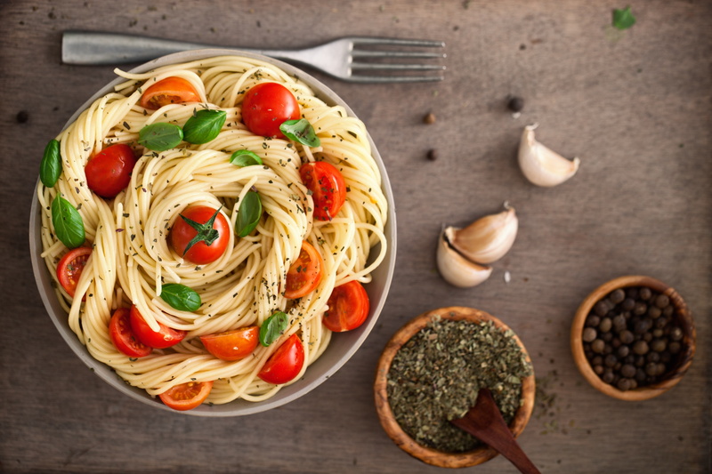 pasta 4k high resolution, wood - material, eating utensil, directly above, kitchen utensil, spice, herb, high angle view, pasta, healthy eating, food, italian food