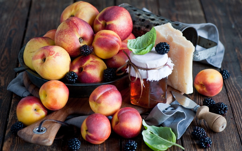 Nectarines, Peaches, Jar, 1080P, Honey, Cheese, Fruit, Berries