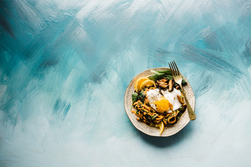 freshness, food styling, brown, food, serving size, fruit, 5K, seafood, dish, fork, outdoors, meal, wellbeing, plate, no people, blue, high angle view