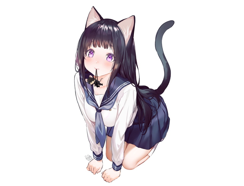animal ears, short hair, Oreki Houtarou, 1080P, Chitanda Eru, tail, purple eyes, green eyes, school uniform, cat girl, purple hair, Hyouka, knee-highs