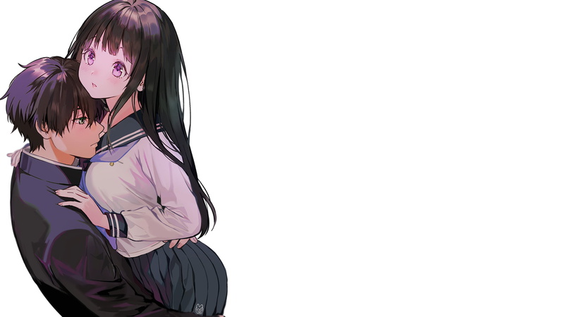 2K, Chitanda Eru, white background, anime girls, anime, Oreki Houtarou, Hyouka