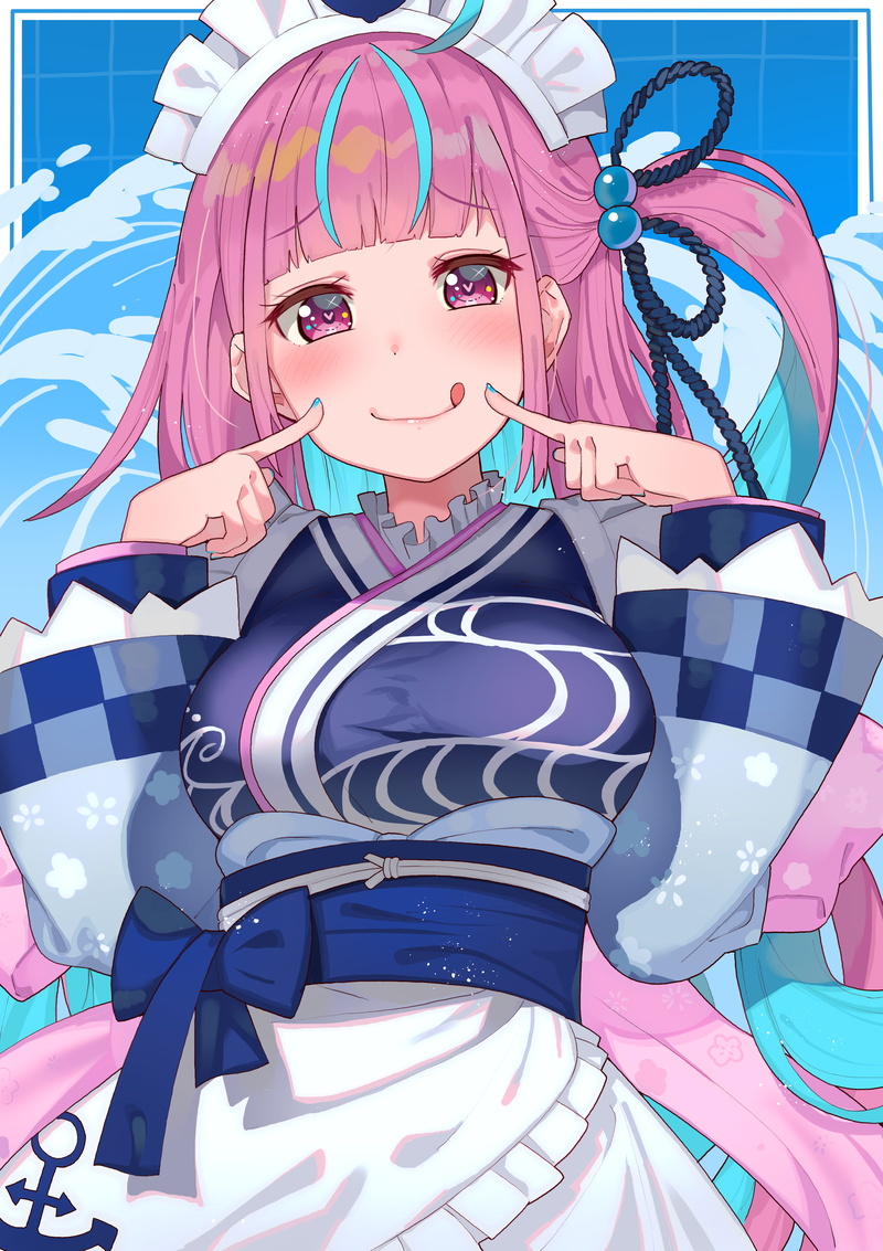 Minato Aqua, hair accessories, vertical, blushing, pink eyes, looking at viewer, digital art, 2D, kimono, smiling, apron, portrait display, lick, Virtual Youtuber