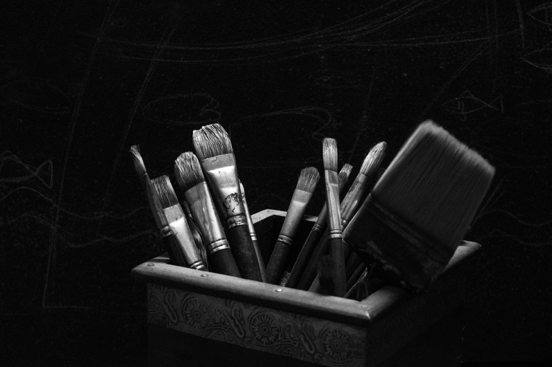 work Tool, metal, box, art and craft equipment, art and craft, creativity, artist, still life, paintbrush, container, indoors, table, greyscale, brushes