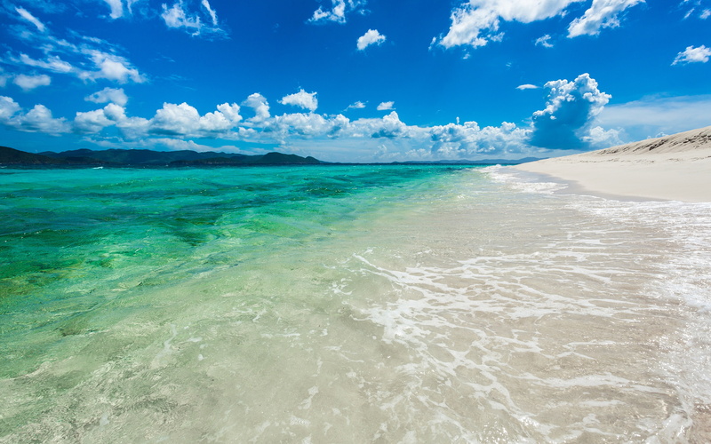 water, tropical, sky, seascape, clouds, sea, sandy, ocean, waves, 4K, cay, shore, island, sand