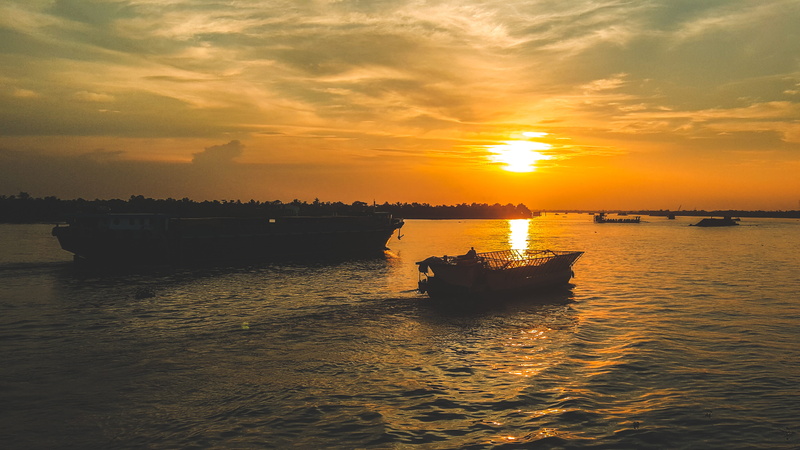 tranquil scene, river money, travel, subsistence, reflection, cai be district, scenics - nature, beauty in nature, asia, transportation, countryside, mekong river