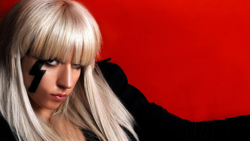 women, singer, body paint, long hair, Lady Gaga, celebrity, makeup, face, 2K, red background
