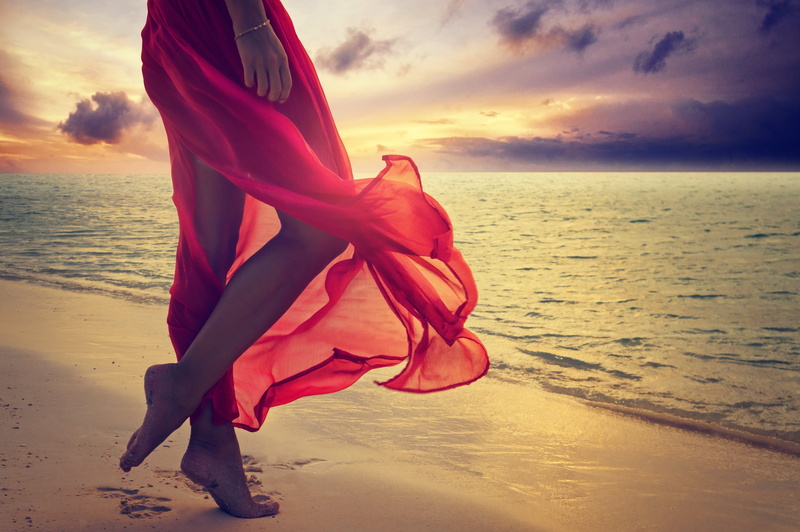 red, 4K, feet, ocean, lady, dress, sea, sunshine, sunset, beach, woman