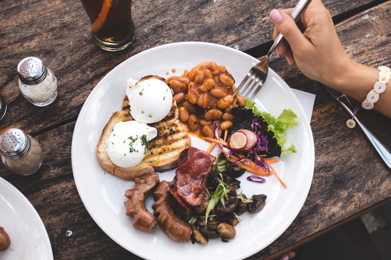 bacon, ready-to-eat, high, high angle view, vegetable, top view, café, human body part, food and drink, table, table knife, indoors, meat, protein, poached eggs
