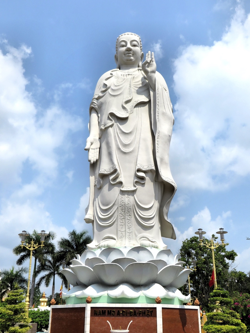 wisdom, day, 2K, wife, low angle view, outdoors, statue, cloud - sky, worship, plant, representation, religion, Buddha, tree, no people, built structure
