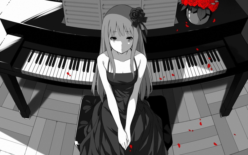 pianist, anime-girl, long-hair, 720P, amp, red-flowers, red, blossoms, black-and-white, anime, black, black-dress, rose, white, piano