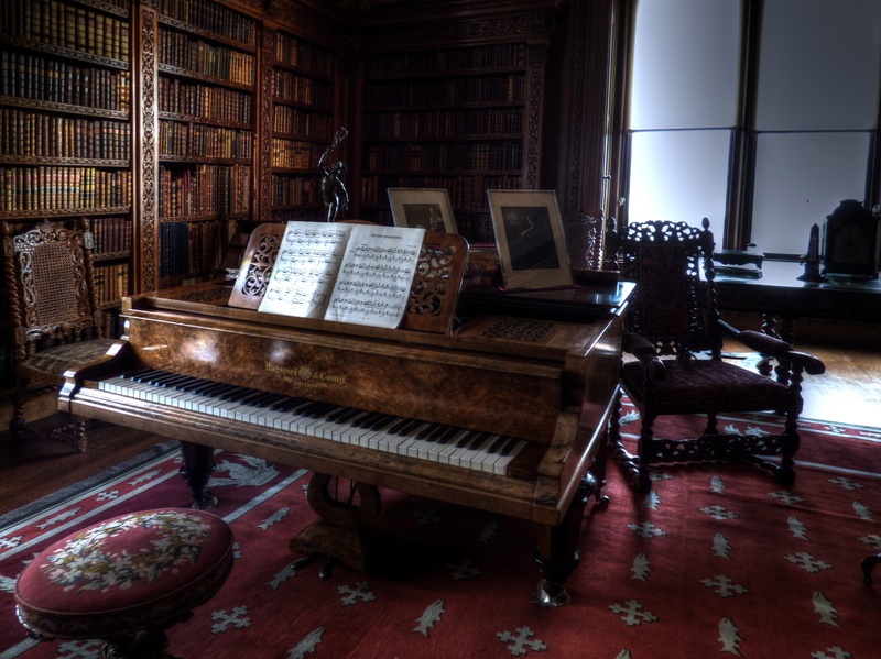 chair, arts culture and entertainment, piano, indoor, indoors, architecture, grand piano, sheet music, antique, musical equipment, wood - material, 4K