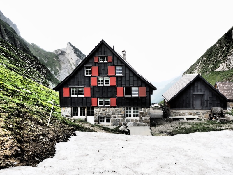 row house, mountain, landscape, mesmer, cold temperature, appenzell, alpstein region, outdoors, swiss alps, house, sky, building exterior, mountain inn