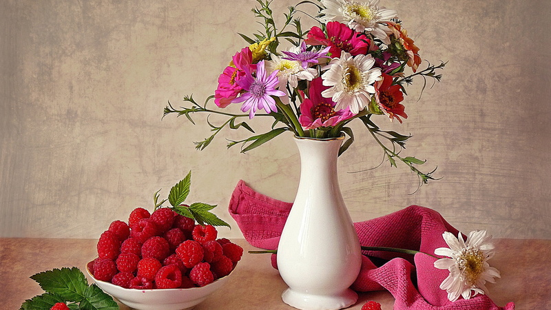 fruit, raspberries, vases, 2K, flowers, bouquets