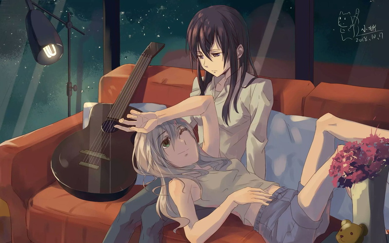 anime, dark hair, Citrus (manga), anime girls, yuri, 2K, long hair, guitar, purple eyes